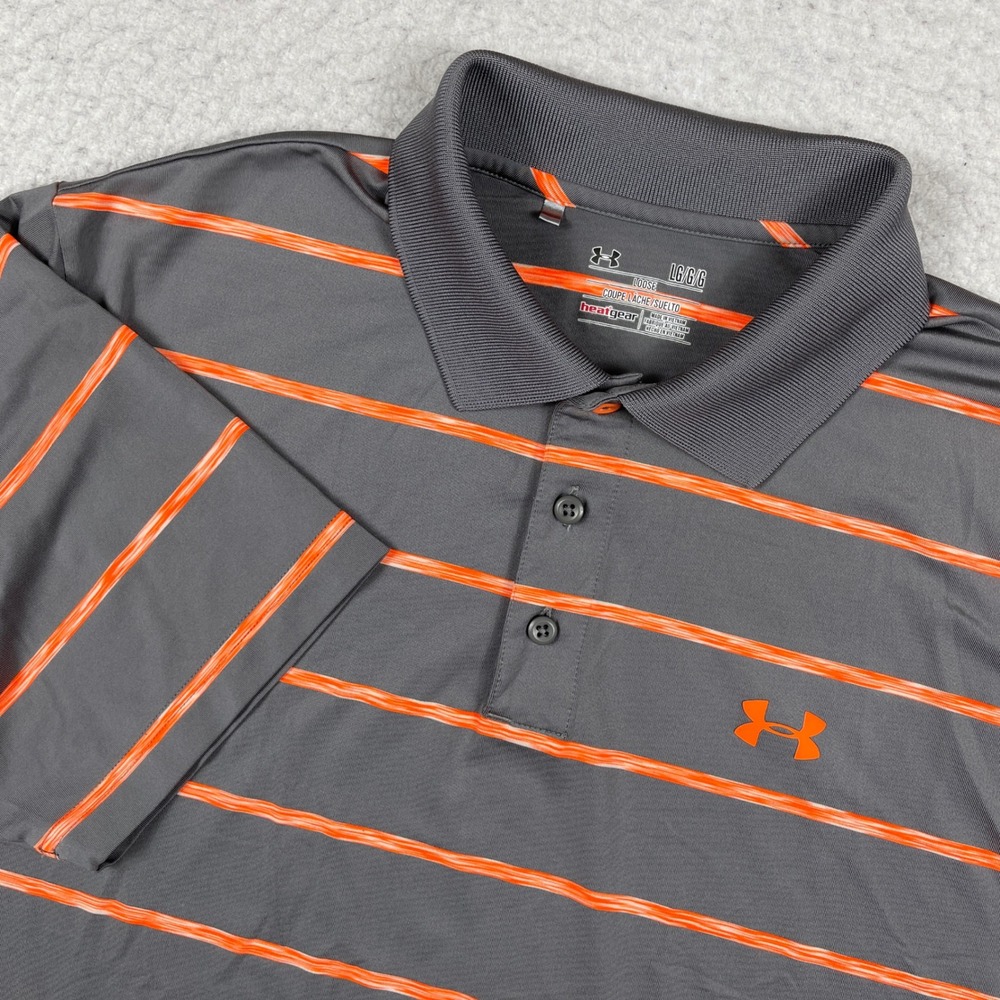 Under Armour Polo Shirt Mens Large Grey Orange‎ Striped HeatGear Golf Top Casual